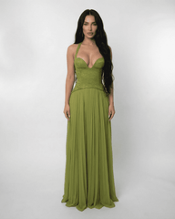 Verdant Maxi Dress by Lauven featuring a lace bodice and pleated skirt in rich olive green.