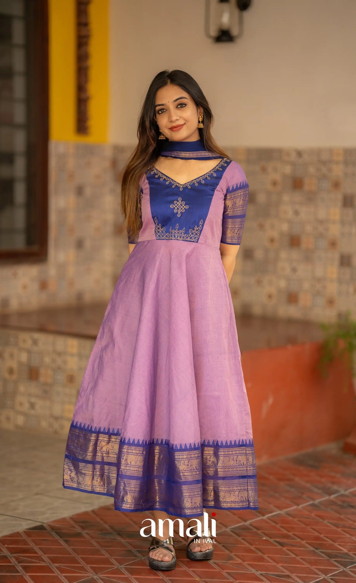 Lavender and Dark Blue Cotton Anarkali Anarkalis