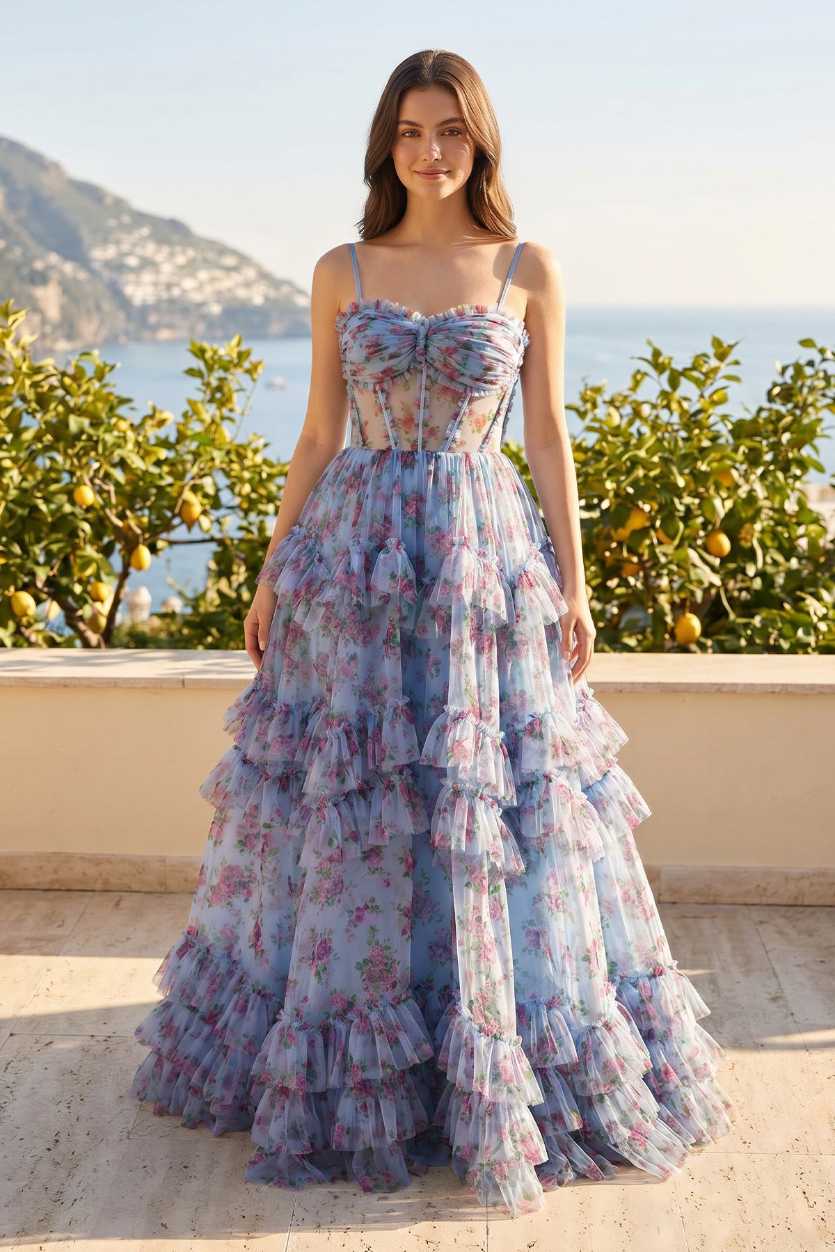 A - Line Blue Floral Corset Tulle Ruffles Long Prom Dresses - KissProm