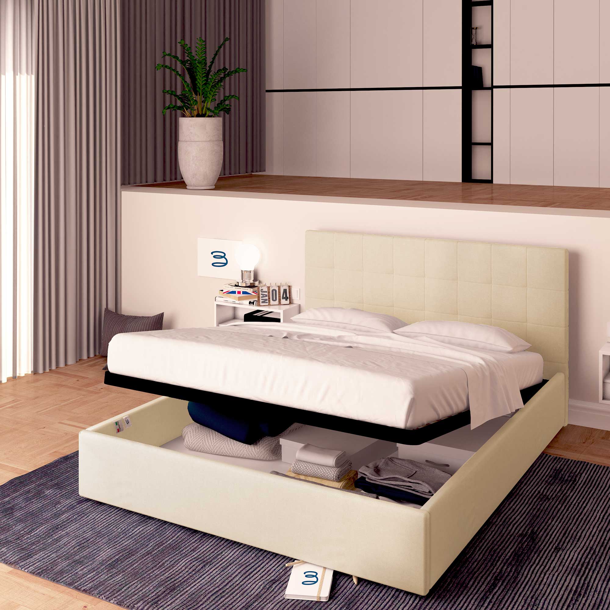 Letto contenitore singolo in tessuto beige Baldiflex Dublino
