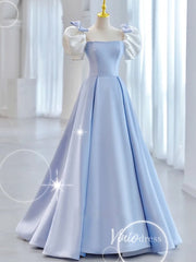 Light Blue Satin Prom Dresses Puffed Sleeve Formal Gown FD3247-prom dresses 2025 -Viniodress-Light Blue-Custom Size-