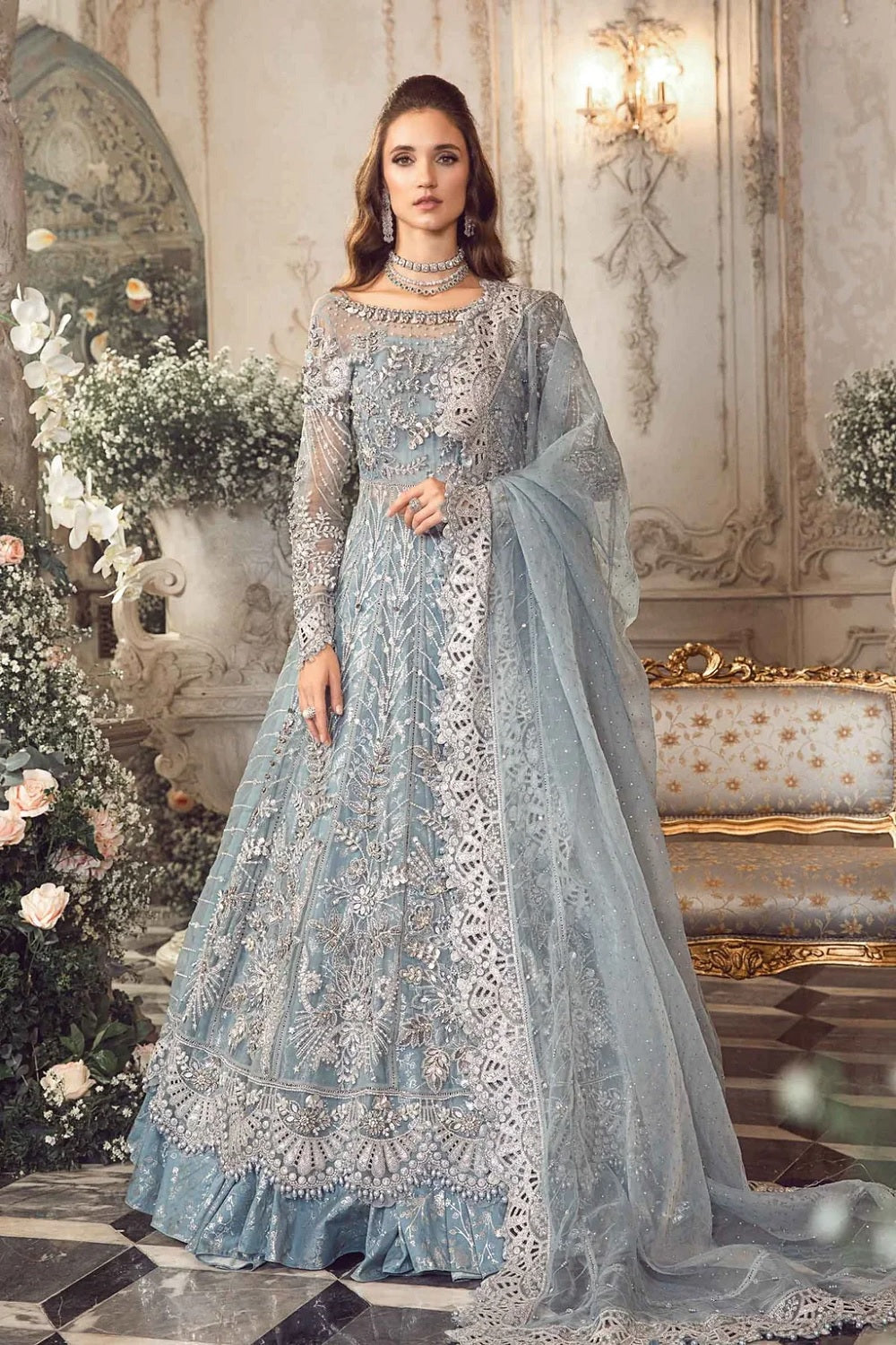 Ice Blue Handmade Lehenga / Maxi