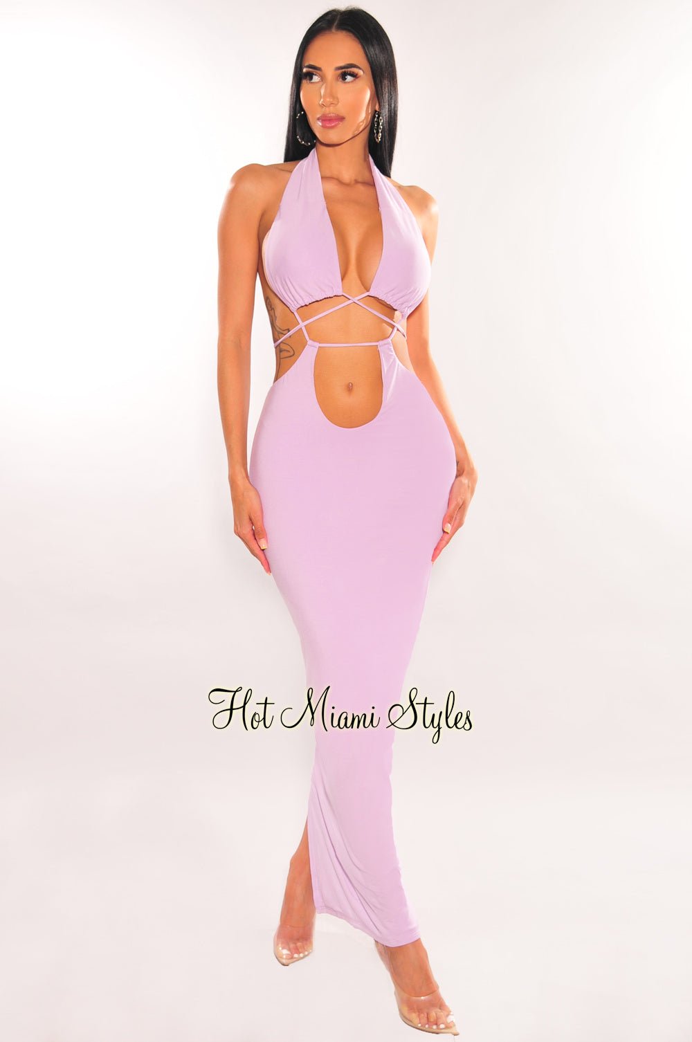 Lilac Halter Drawstring Keyhole Cut Out Dress - Hot Miami Styles