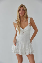white-image | white lace ruffle sleeve romper - white lace mini dress with bow back - graduation dress