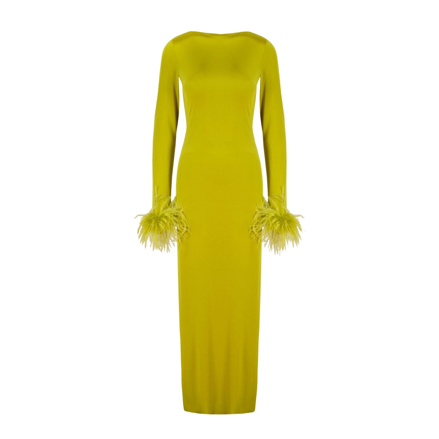 Lime Green Silk Satin Backless Dress With Feather Trim - NALÈ
