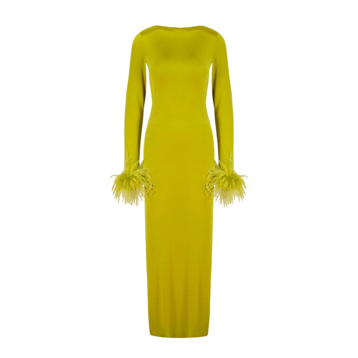 Lime Green Silk Satin Backless Dress With Feather Trim - NALÈ