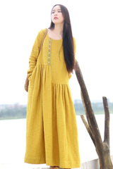 Embroidered Linen Dresses Long Sleeve Linen Caftans Gown For Fall/Winter - FantasyLinen