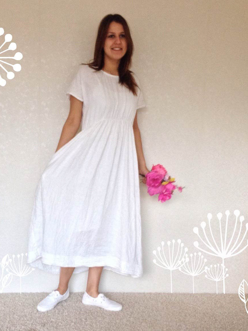 White Linen Dress with Sleeves and Pockets-Linenbee