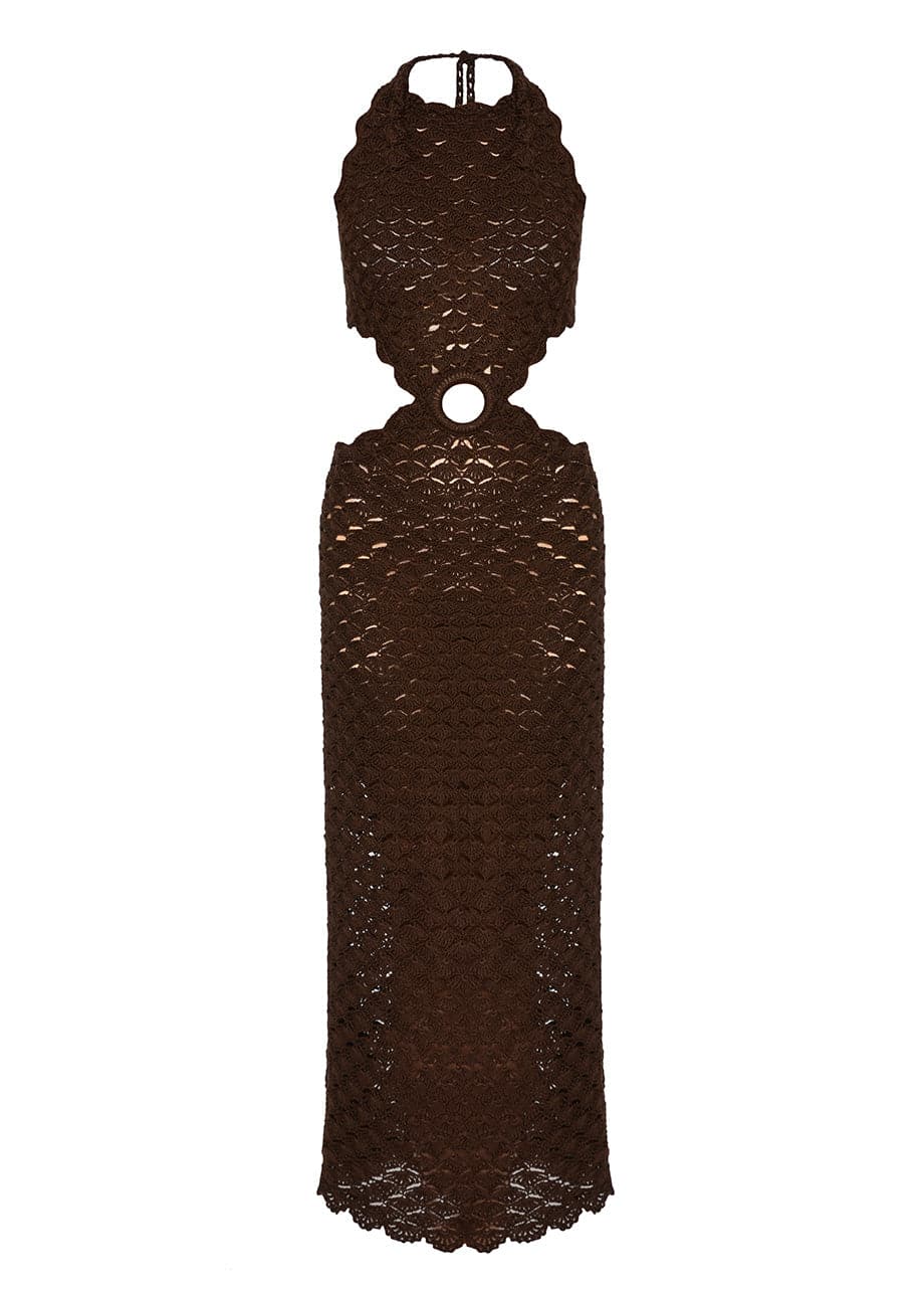 Liya Sunset Cut-Out Crochet Maxi Dress in brown, featuring a stylish crochet design and elegant cut-out details.