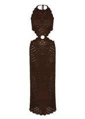 Liya Sunset Cut-Out Crochet Maxi Dress in brown, featuring a stylish crochet design and elegant cut-out details.
