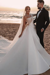 Long A-line One Shoulder Sequins Satin Wedding Dress with Sleeves-BIZTUNNEL