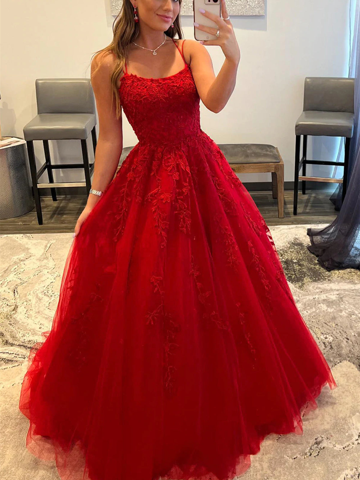 Long A-line Tulle Lace Backless Prom Dresses Red Formal Evening Dresses-BIZTUNNEL