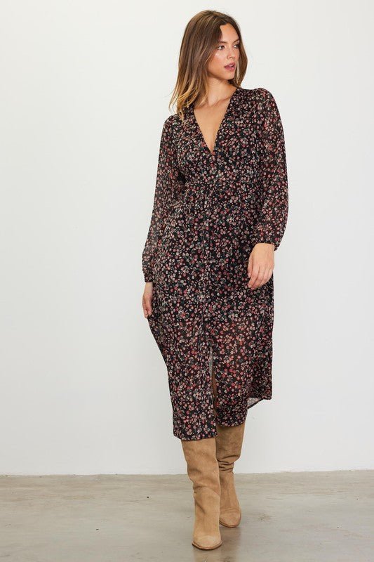 Long Sleeve Floral Print Midi Dress - MOD&SOUL - Contemporary Women's Clothing
