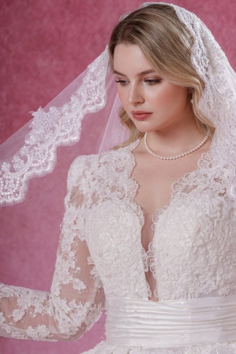Long Sleeve Lace Ball Gown Wedding Dress V Neck Elegant Princess Bridal Gown - Wedding Dress - SilqueBridal