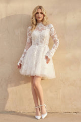 Marilla | Short White A - Line Illusion Neck Long Sleeves Lace Wedding Dresses  – Wedding Dresses by KissProm | Available at KissProm