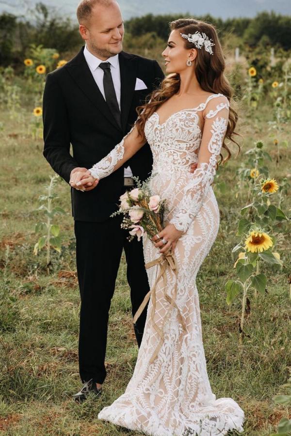 Long Sleeves Lace Wedding Dress Mermaid Boho Bridal Gowns-27dress