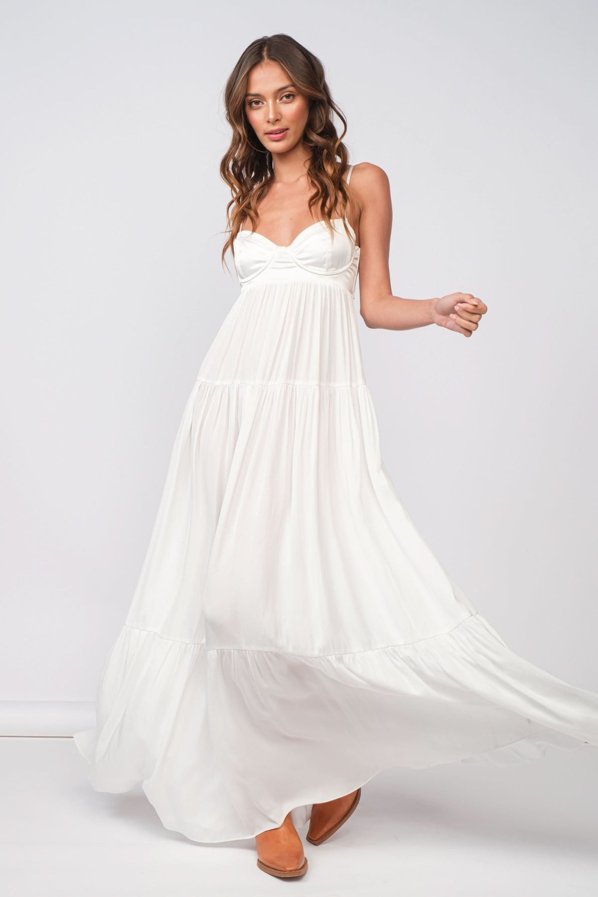 White satin tiered maxi graduation dress with corset bodice