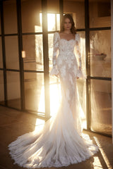 Luxury Lace Long Sleeve Mermaid Form Fitting Wedding Dress with Elegant Train Plus Size - WonderlandByLilian