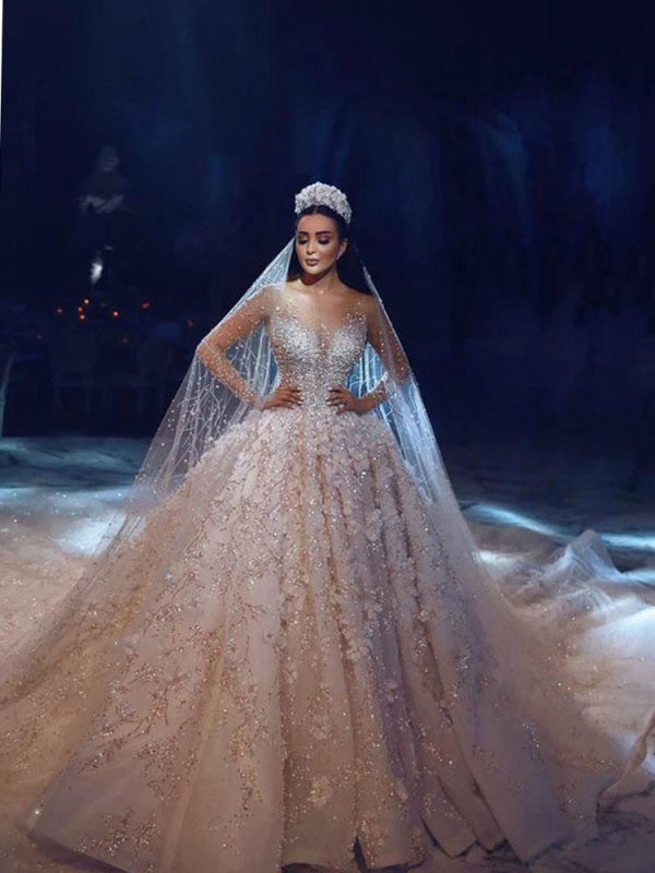 Luxury Long Sleeve V Neck Royal Ball Gown Wedding Dresses - wedding dresses