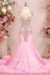 luxury rhinestone feather mermaid prom dress