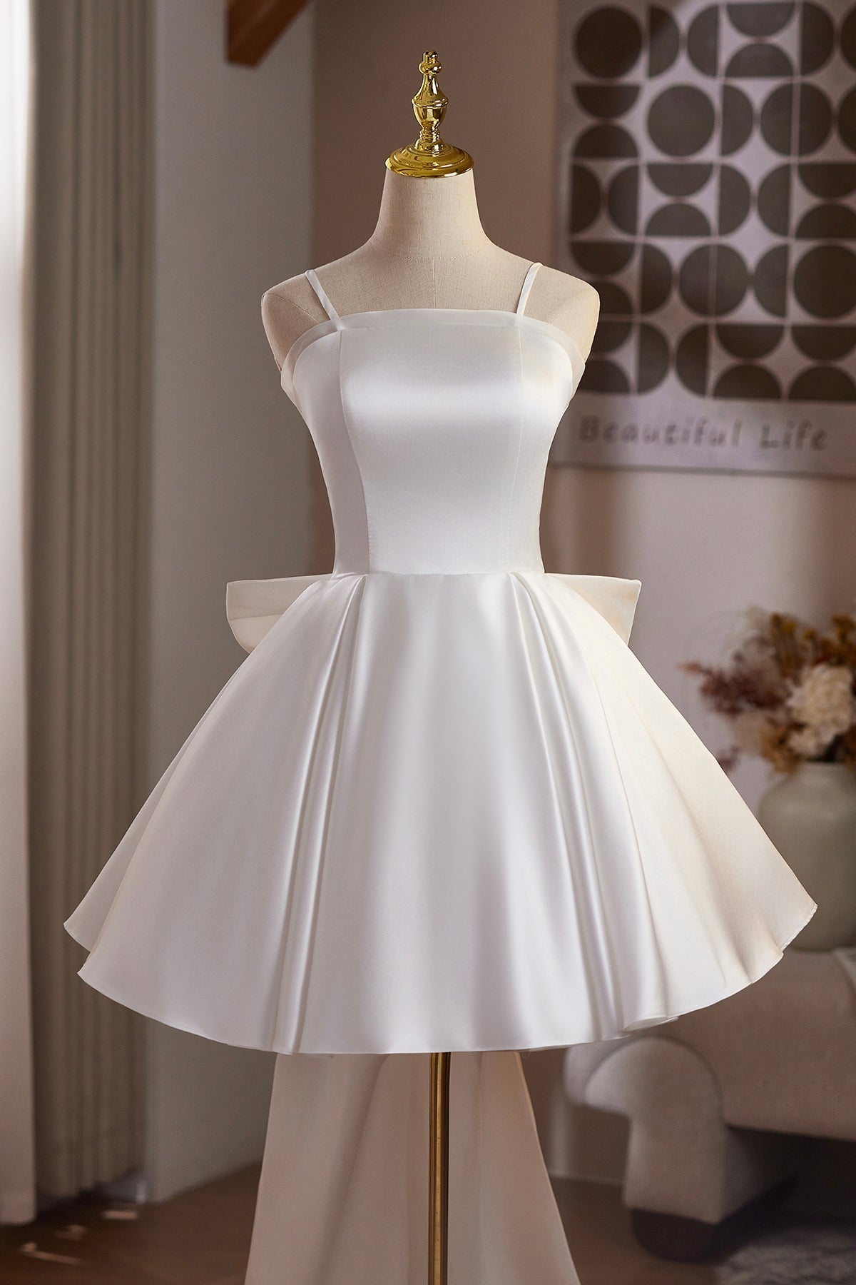 White Satin Short Prom Dress, A-Line Knee Length Party Dress with Bow
