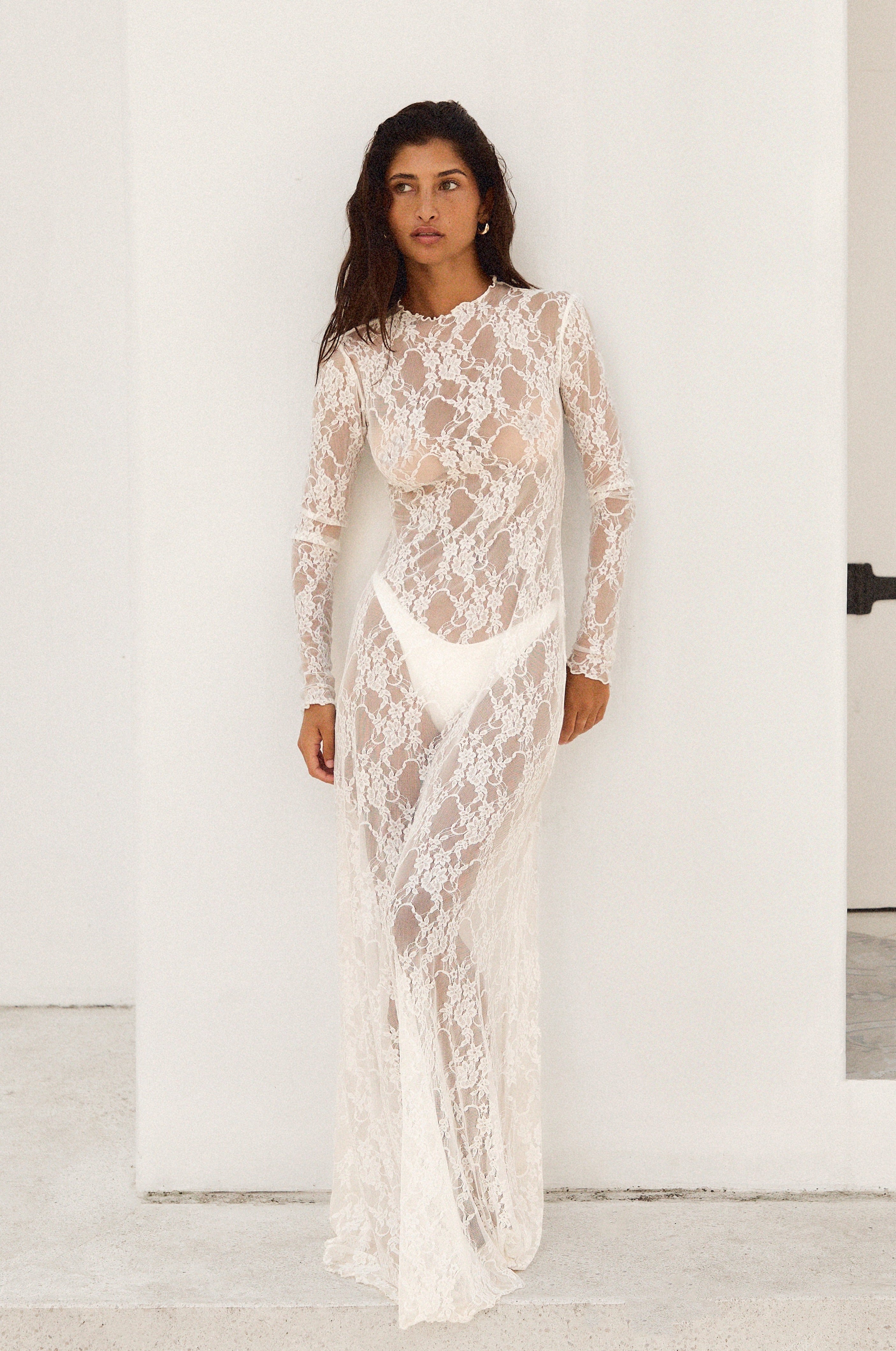 This is an image of Lyon Lace Dress in White Lace - RESA featuring a model wearing the dress