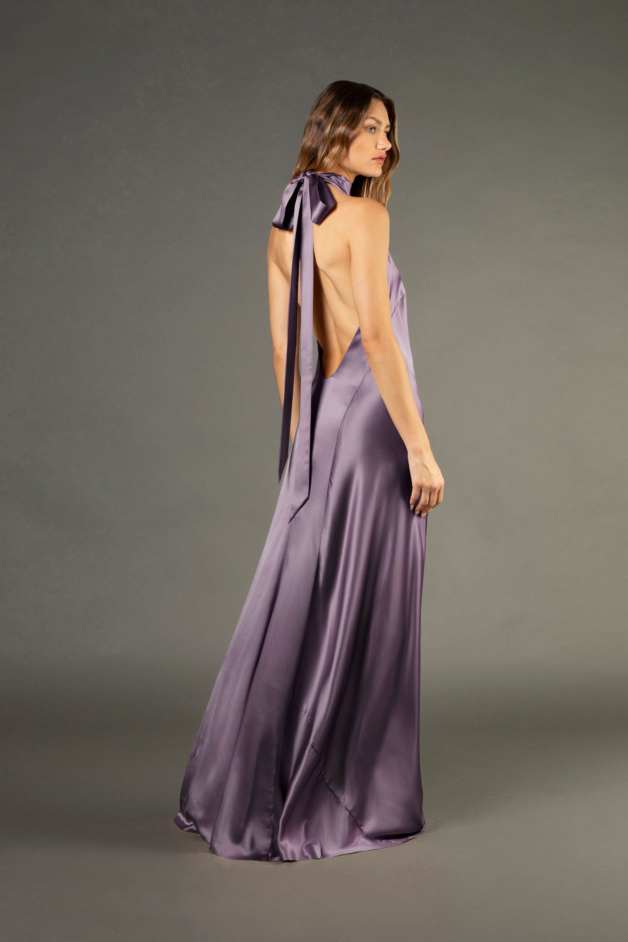 Halter tie neck backless gown - mauve