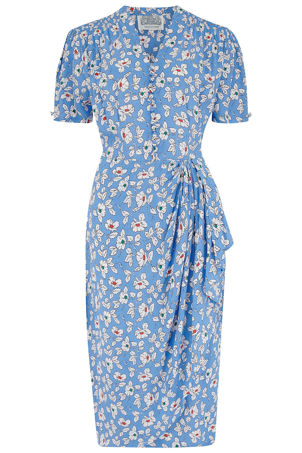 "Mabel" Waterfall Dress in Palace Blue Pansy Print, A Classic 1940s Inspired Vintage Style By The Seamstress of Bloomsbury