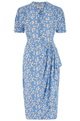 "Mabel" Waterfall Dress in Palace Blue Pansy Print, A Classic 1940s Inspired Vintage Style By The Seamstress of Bloomsbury