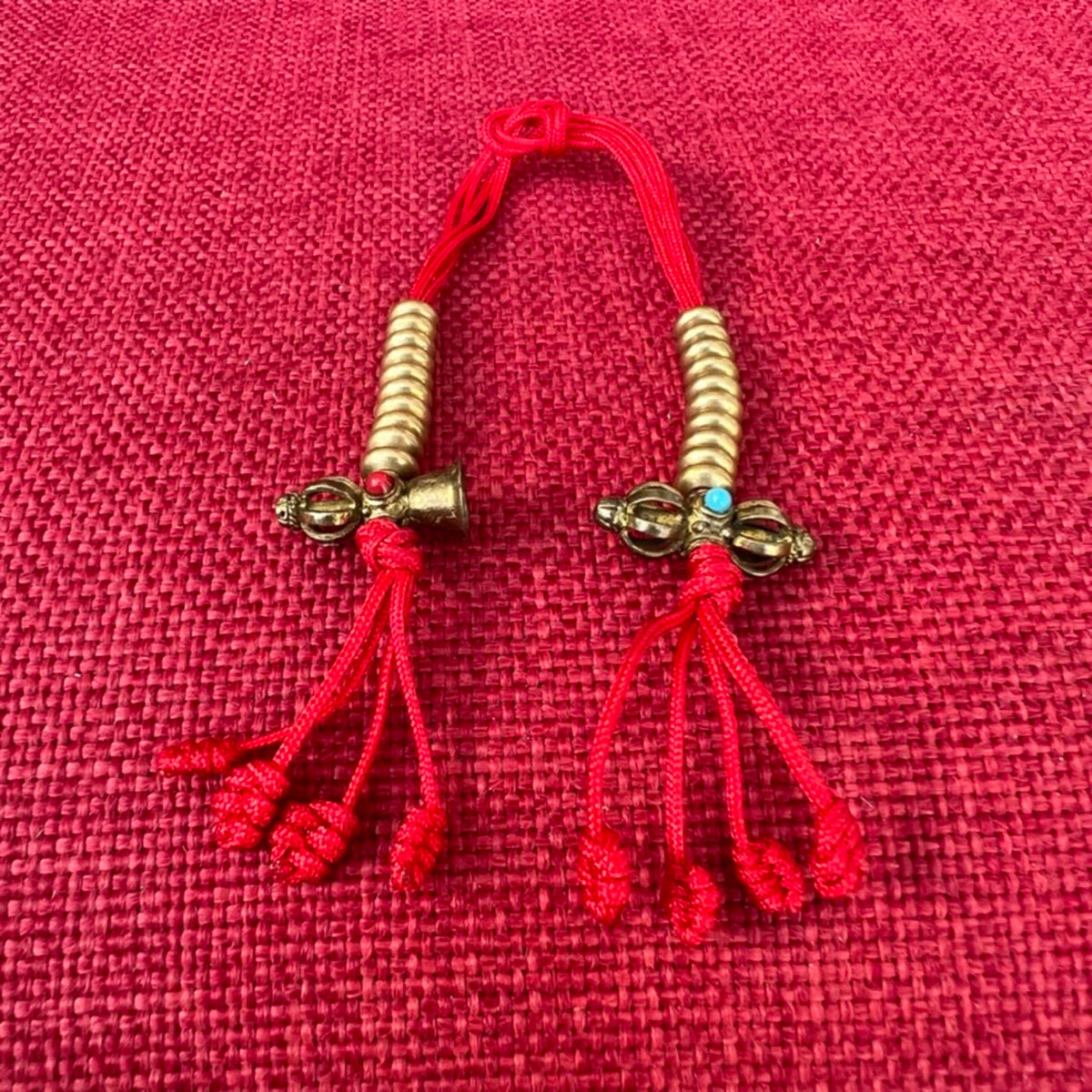 6.5mm Brass Mala Counters with Bell & Dorje Ends and red string