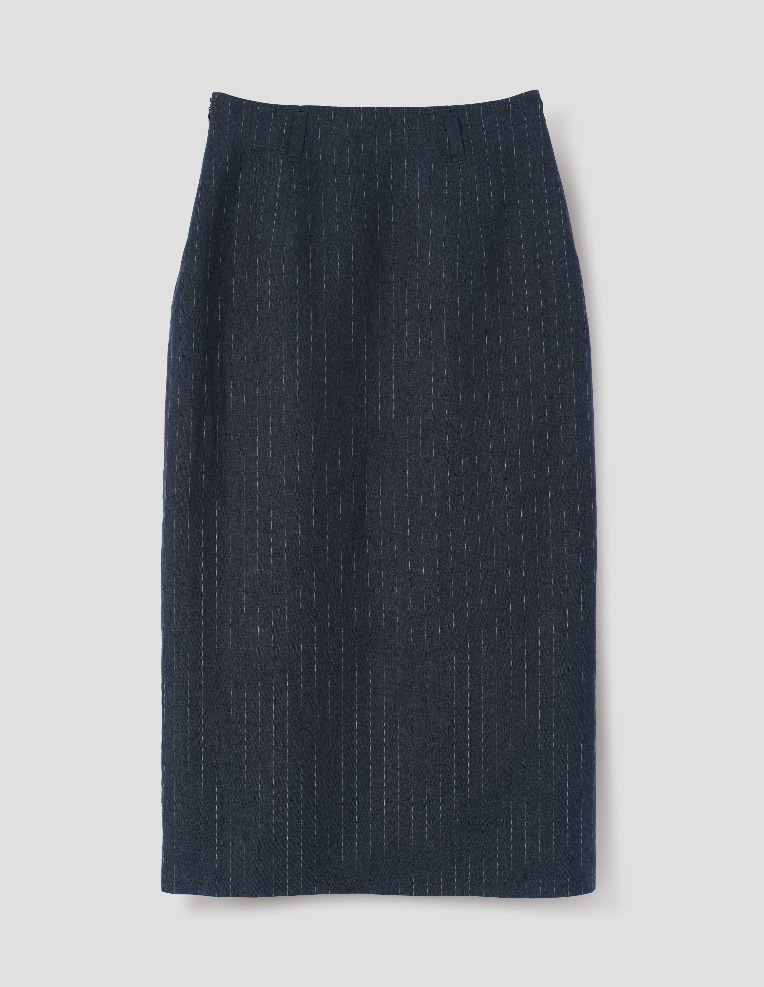 Navy and grey pinstripe linen skirt, with belt loops. Back flat lay view.