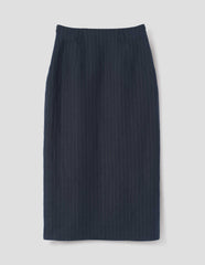 Navy and grey pinstripe linen skirt, with belt loops. Back flat lay view.