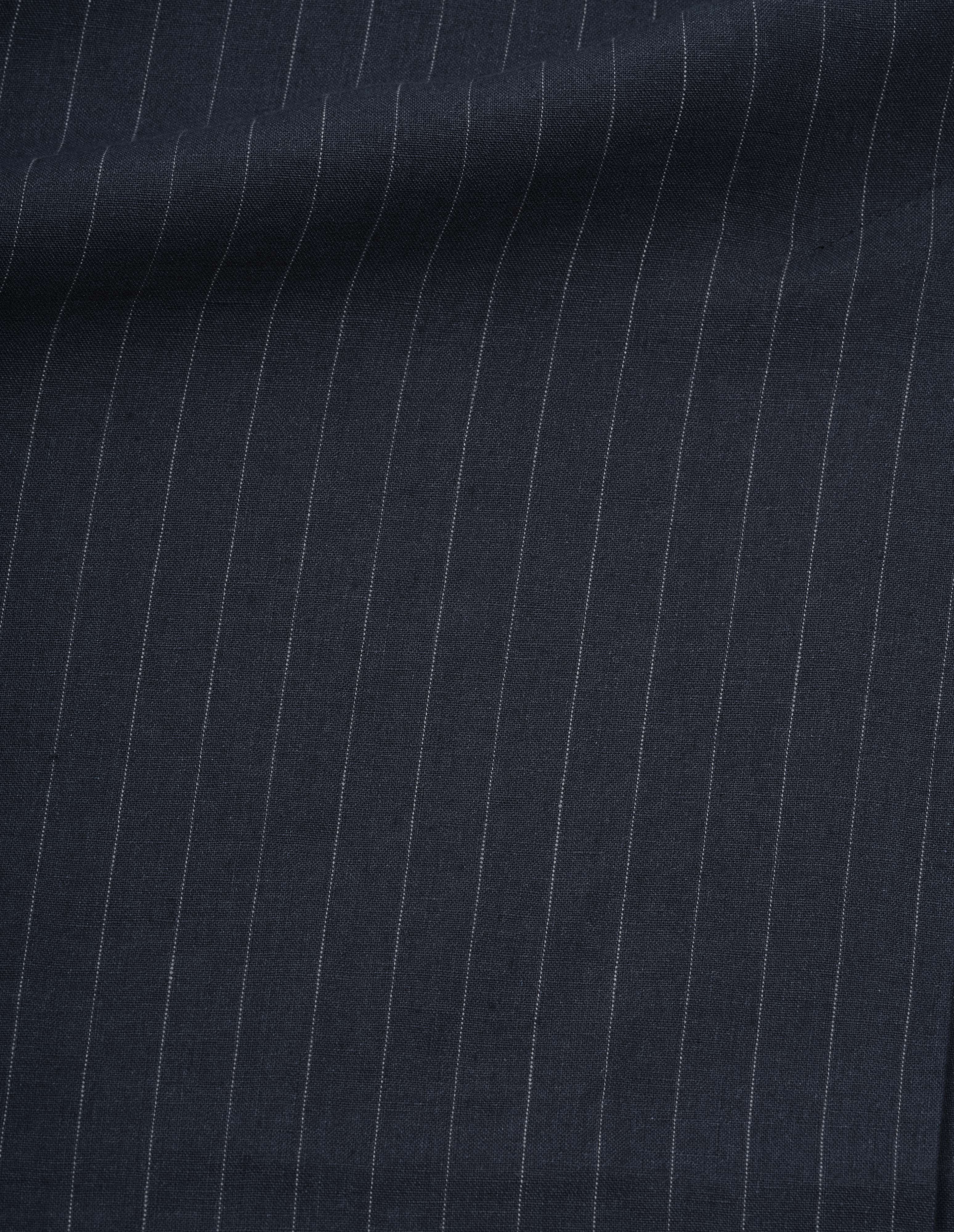 Navy and grey pinstripe linen skirt, fabric swatch.