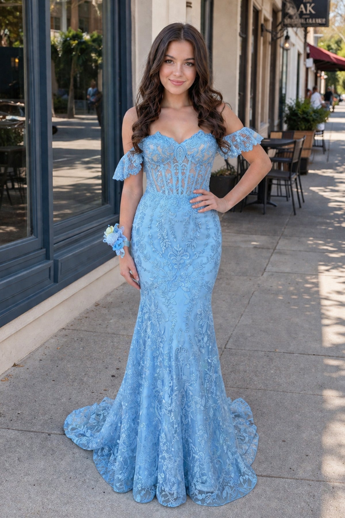 Blue Floral Lace Off-the-Shoulder Ruffle Long Prom Dress - KissProm