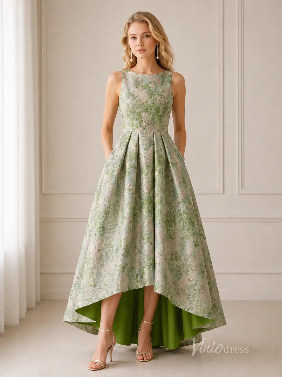 Meadow Green Floral Jacquard Wedding Guest Dress with Bateau Neck, Pockets & High-Low Hem - GE105-bridesmaid dresses 2026-Viniodress-Meadow Green-Custom Size – Add Measurements in Cart-