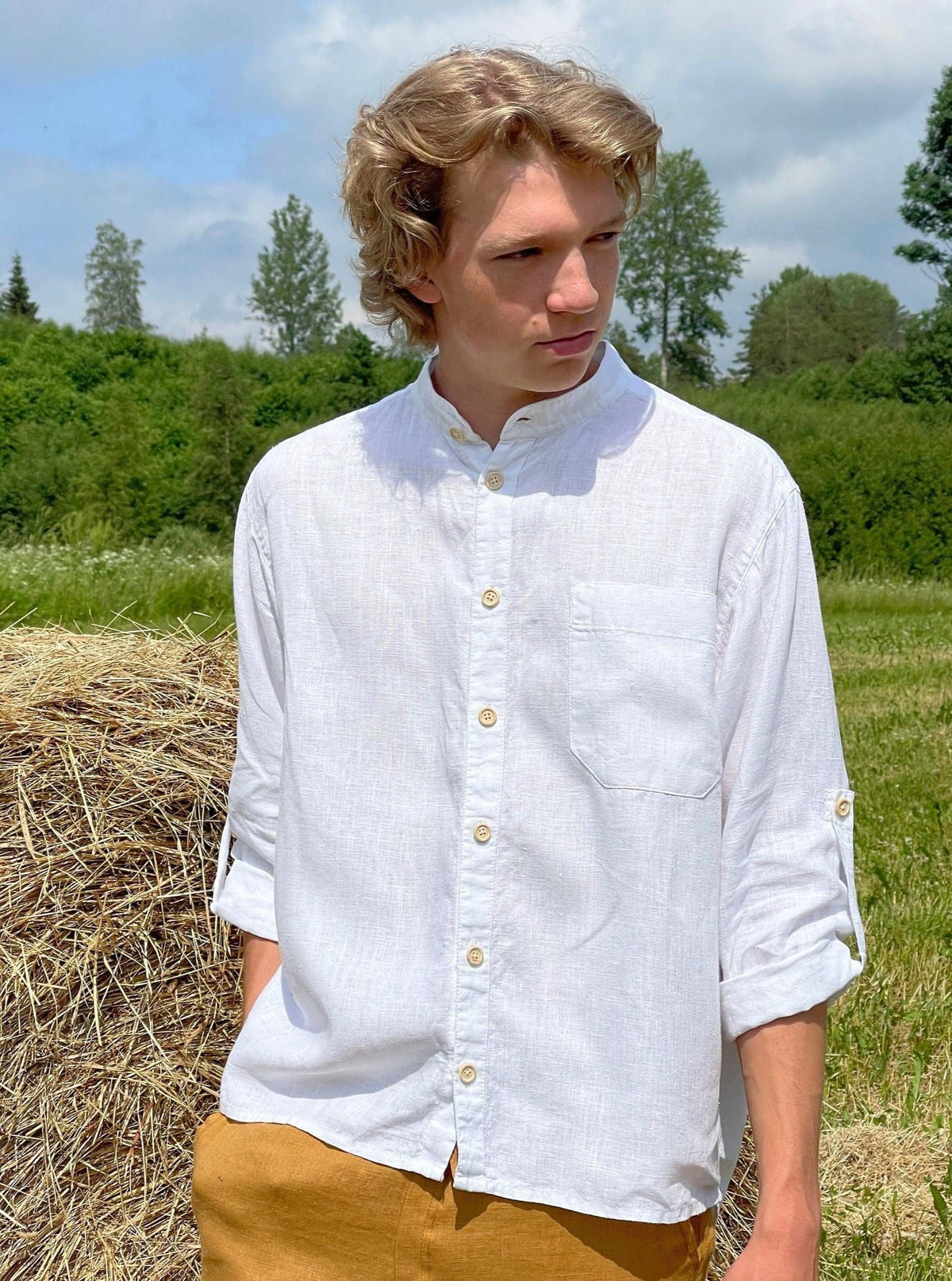 Men's white linen shirt front view