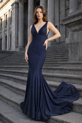 Mermaid Deep V-Neck Beaded Satin Long Prom Dress - KISSPROM PROM DRESSES
