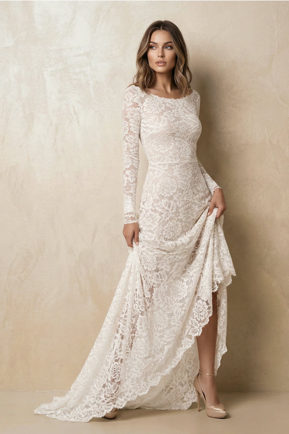 Vintage Floral Boho Lace Wedding Dress with Sleeves Modest Boat Neck Low-V Back Princess Bridal Gown