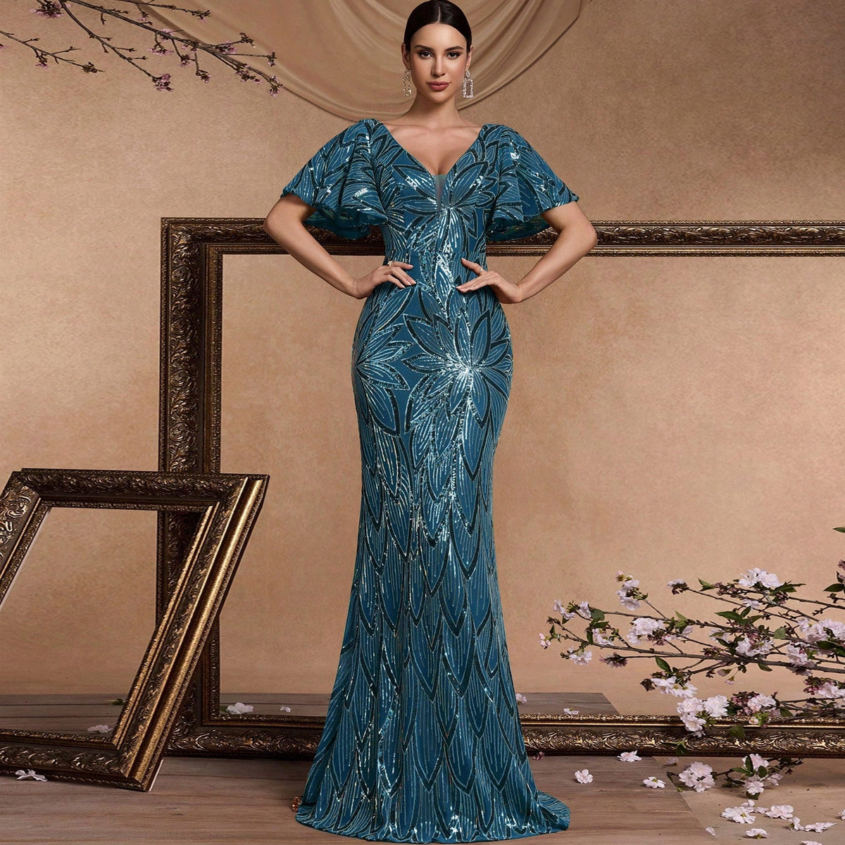 Mermaid Prom Dress Formal Gown Floor Length Short Sleeve V Neck V Back with Sequin - Rosymae