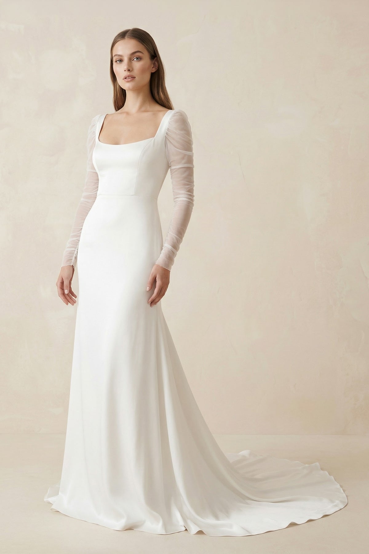 Mermaid Square Neck Long Sleeves White Satin Wedding Dresses– Wedding Dresses by KissProm | Available at KissProm