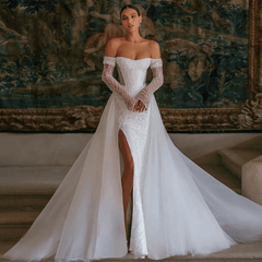 Off shoulder long sleeve mermaid wedding dress by Howedding