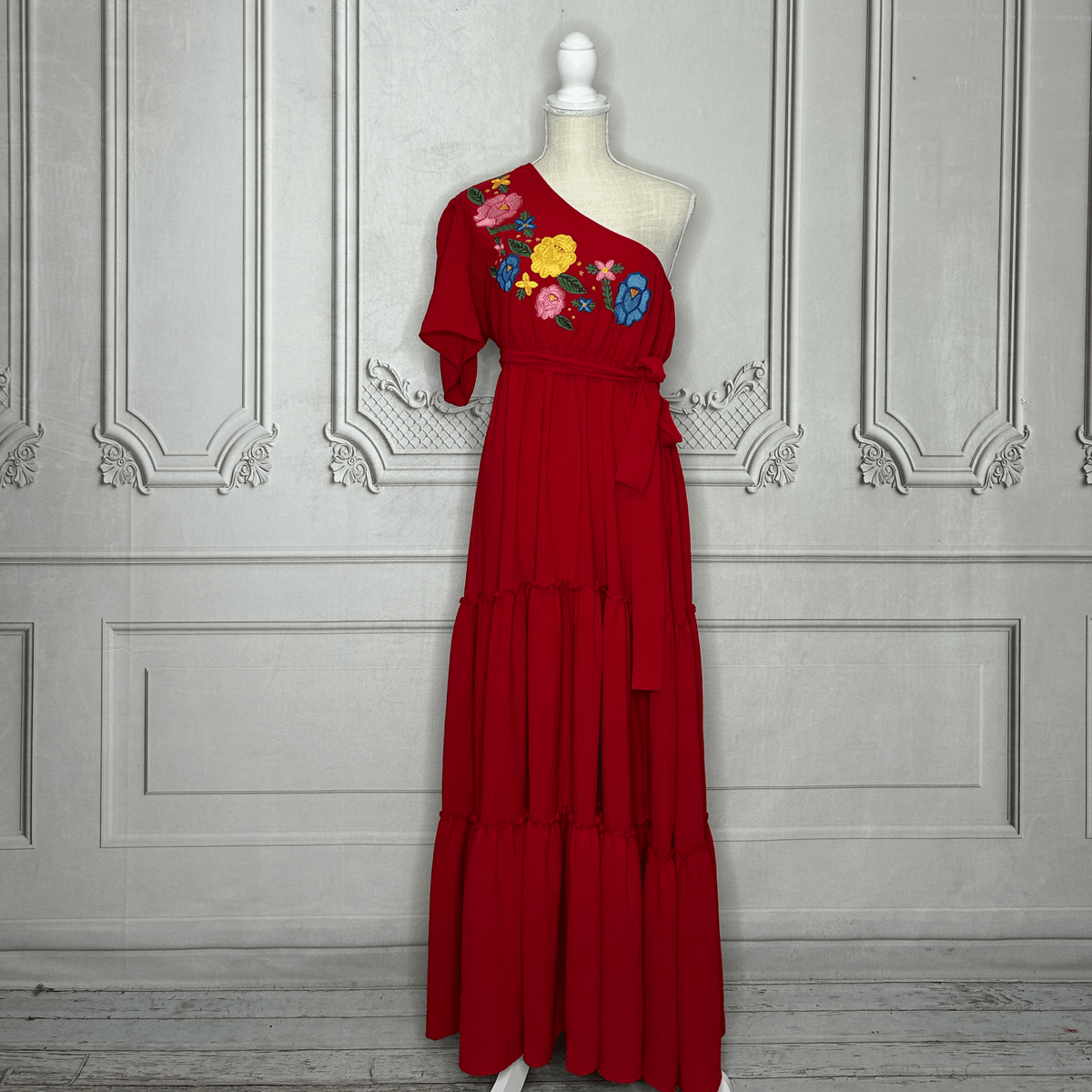 Mexican Embroidered One Shoulder Tiered Maxi Dress Mexican Embroidered One Shoulder Tiered Maxi Dress