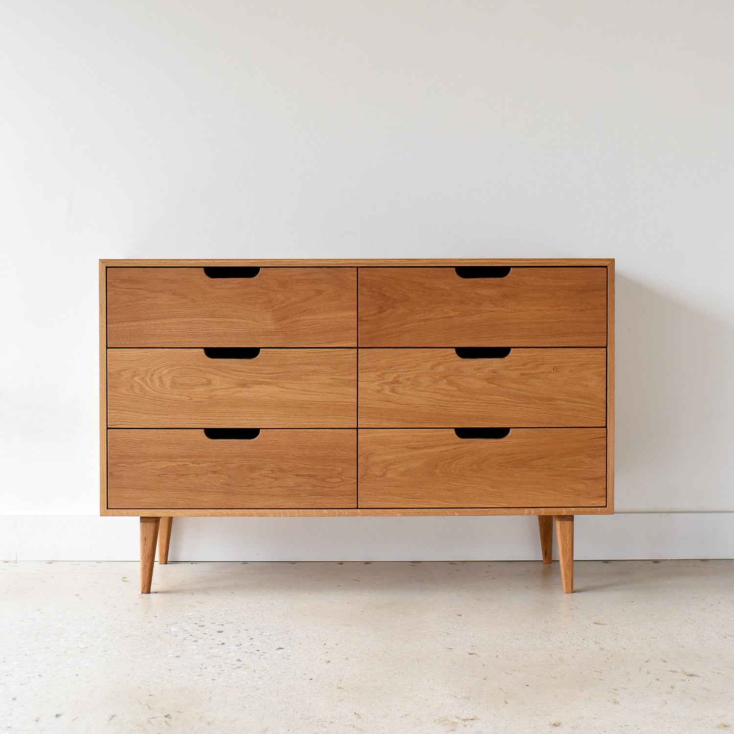 Mid Century Modern 6 Drawer Dresser Pictured in White Oak Clear