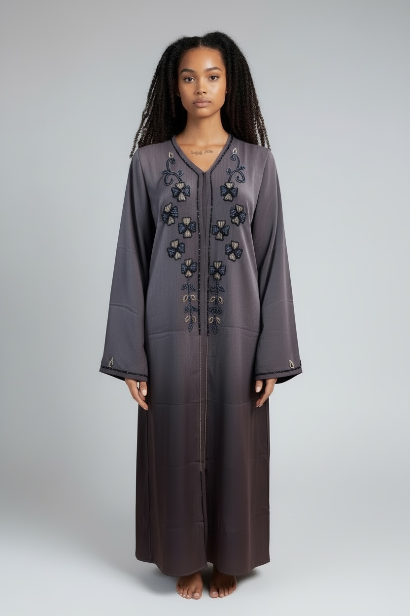 Full length charcoal maxi abaya with black floral embroidery front detail