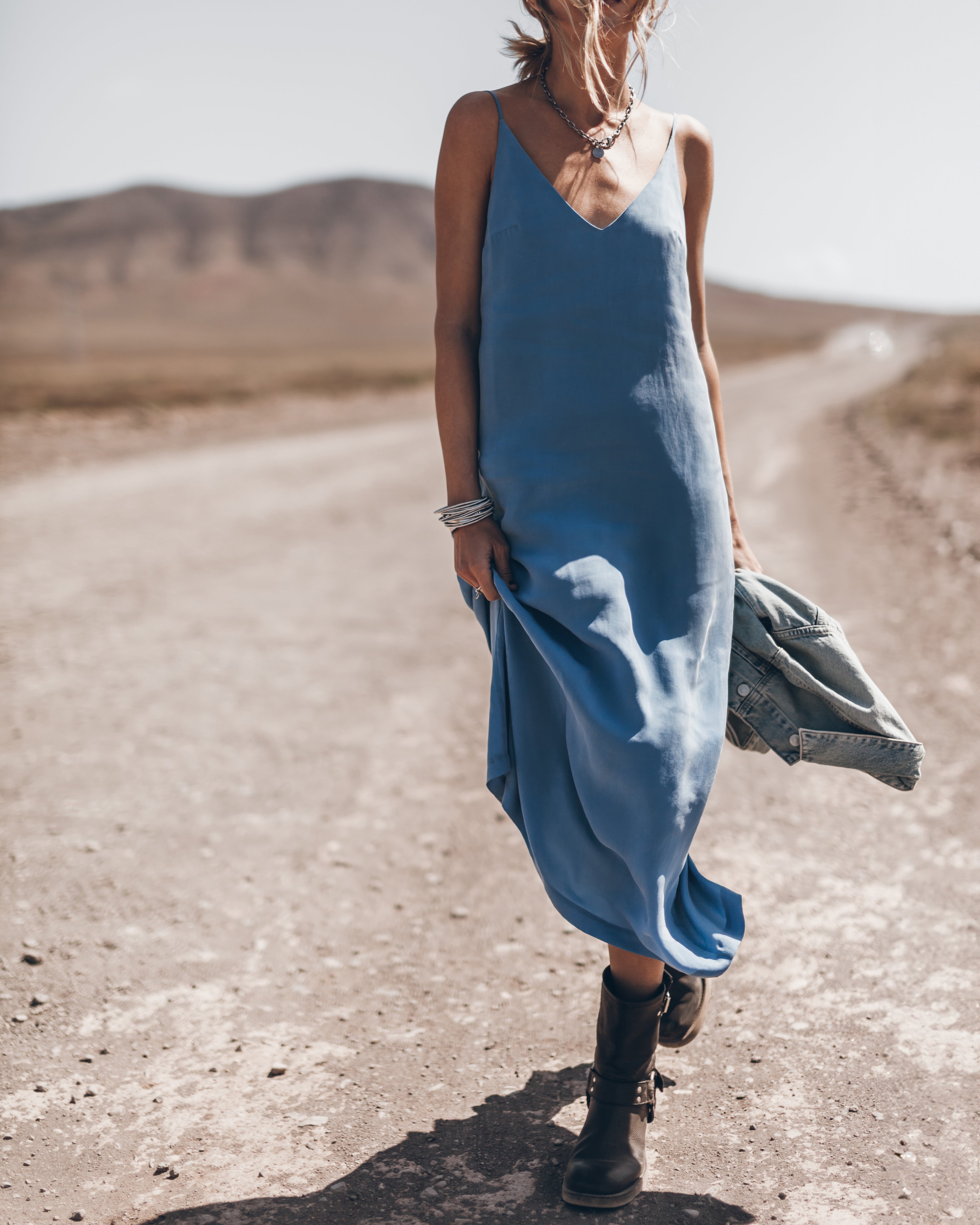 The Blue Long Cupro Slip Dress The Black Buckle Boots Desert California Jacqueline - Product photo