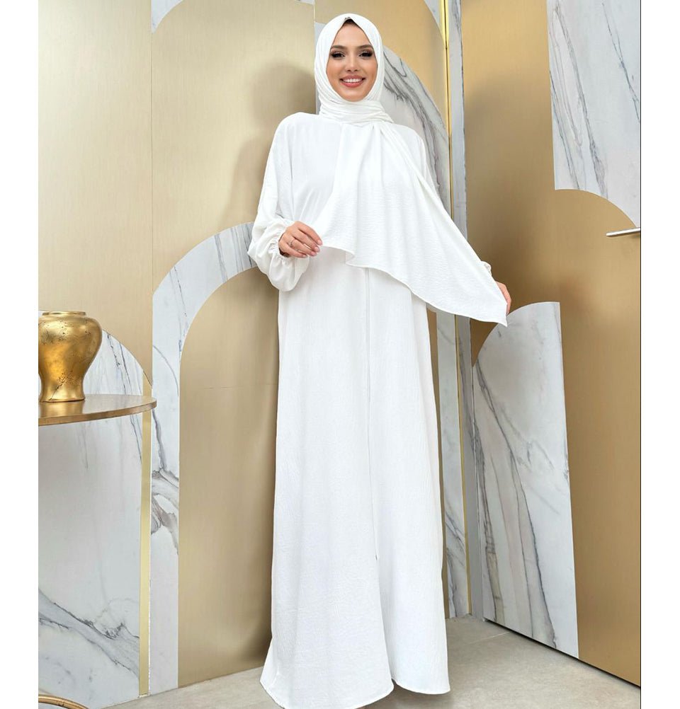 Islamic Women's Simplicity One Piece Prayer Dress With Attached Hijab - White