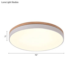 Modern Wooden Led Ceiling Lamp - Wide White Round Flush Mount Single Light For Living Room