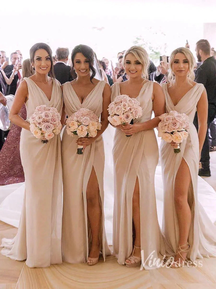 Modest Champagne Long Bridesmaid Dresses with Slit Viniodress VB1003-bridesmaid dresses 2025 -Viniodress-Champagne Blush-Custom Size-