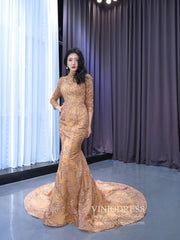 Modest Gold Mermaid Wedding Dress High Neck Long Sleeve Pageant Dress 222109-wedding dresses 2025 -Viniodress-Gold-Custom Size-