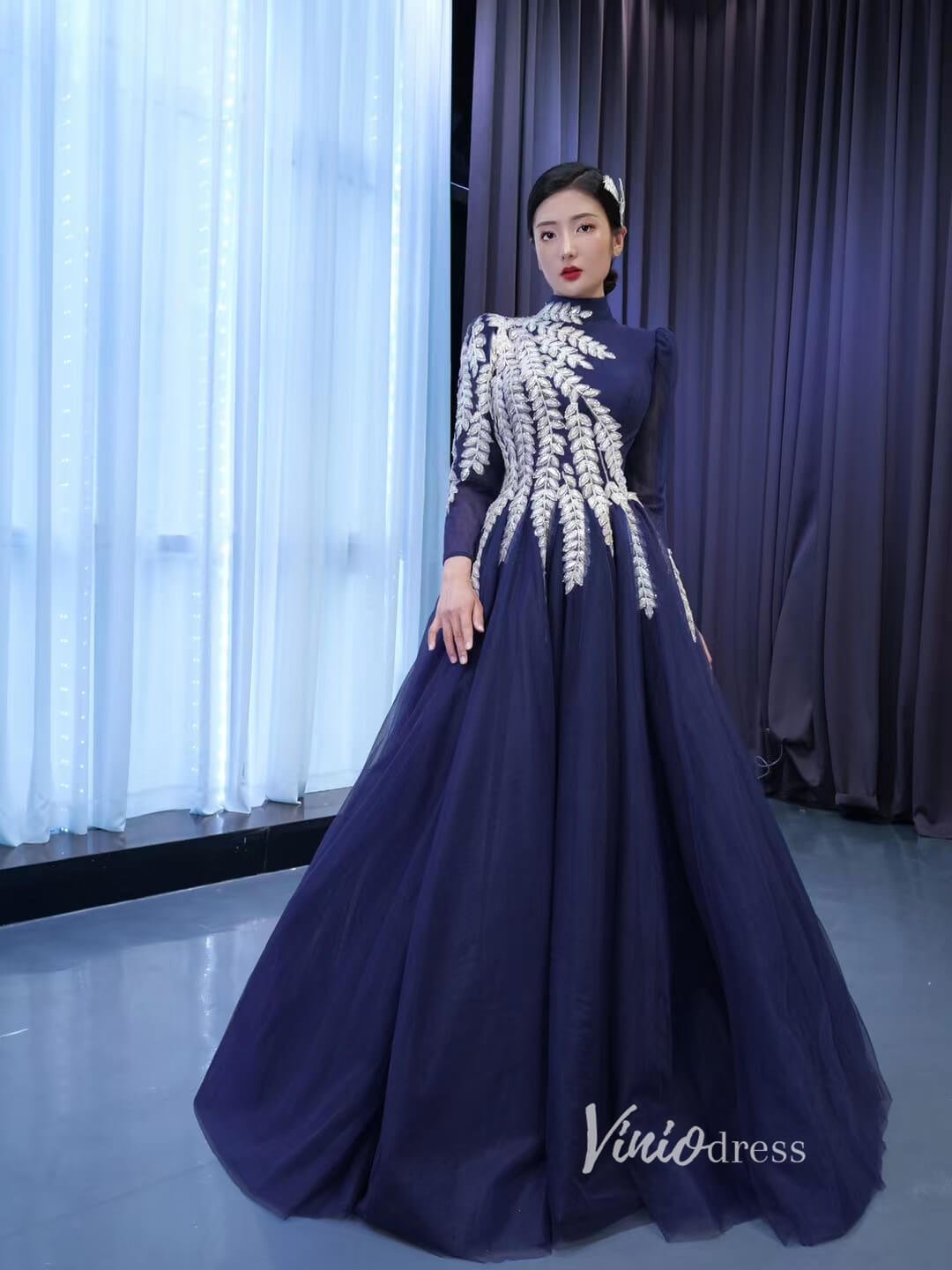 Modest High Neck Ball Gown Long Sleeve Formal Dresses 67530-prom dresses 2025 -Viniodress-Navy Blue-Custom Size-